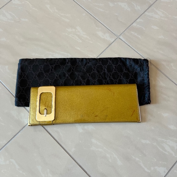 #2218 Gucci Gold Patent Leather Elongated Clutch with Gold Metal Accents - Picture 1 of 6